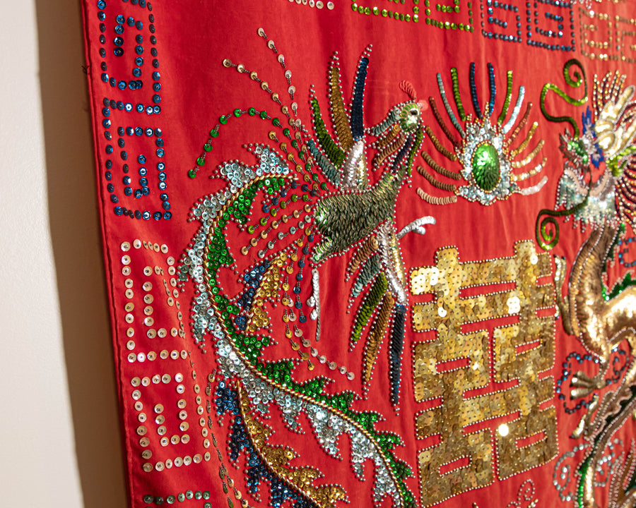 Antique Red Velvet Embroidered Sequence dragon and Chinese Wall Tapestry