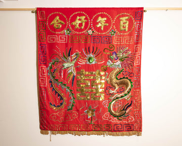 Antique Red Velvet Embroidered Sequence dragon and Chinese Wall Tapestry