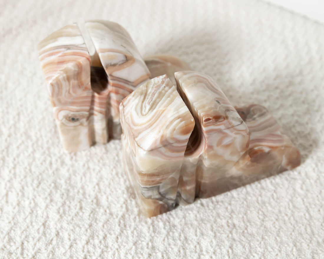 Set of 2 Pink Marbled Onyx Bookends