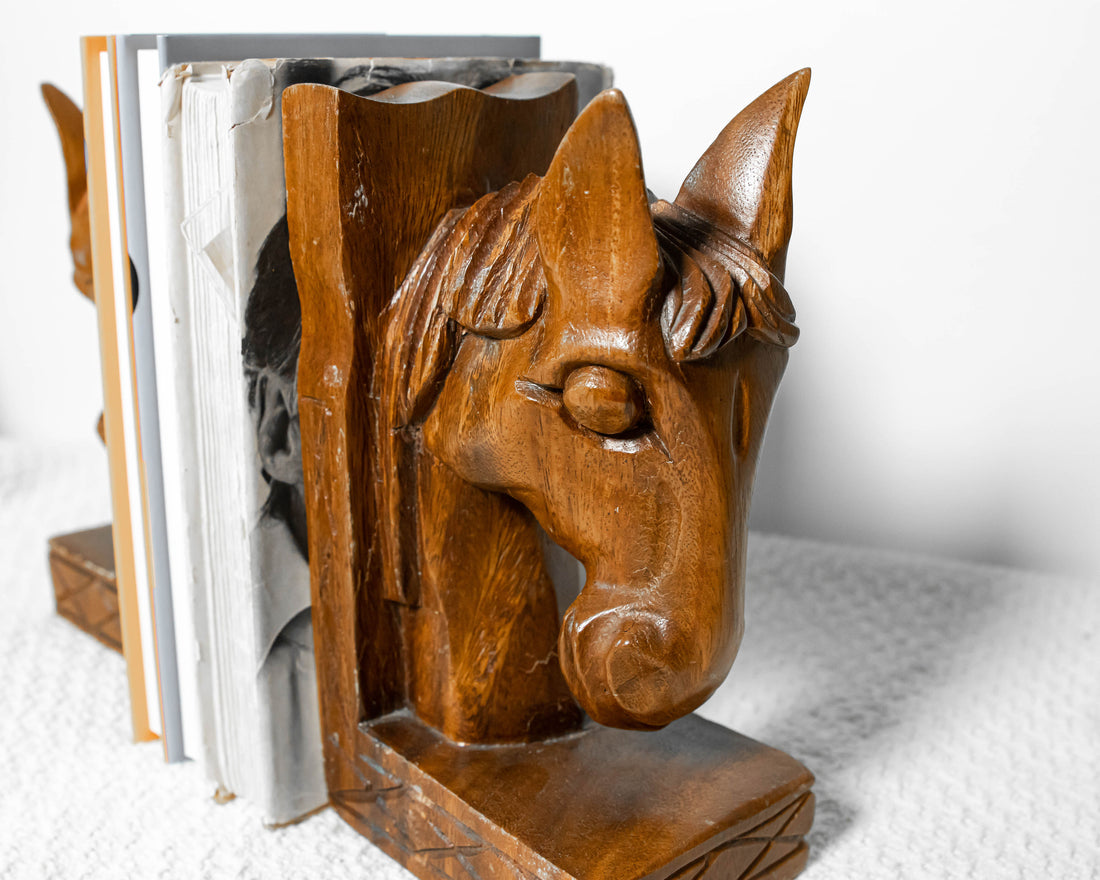 Monkey Pod Wood Horse Bookends