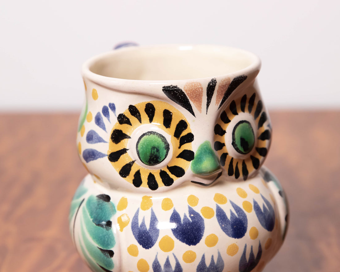 Colorful Hand Painted Vintage Tonala Glazed Ceramic Owl Mug- Made in Mexico