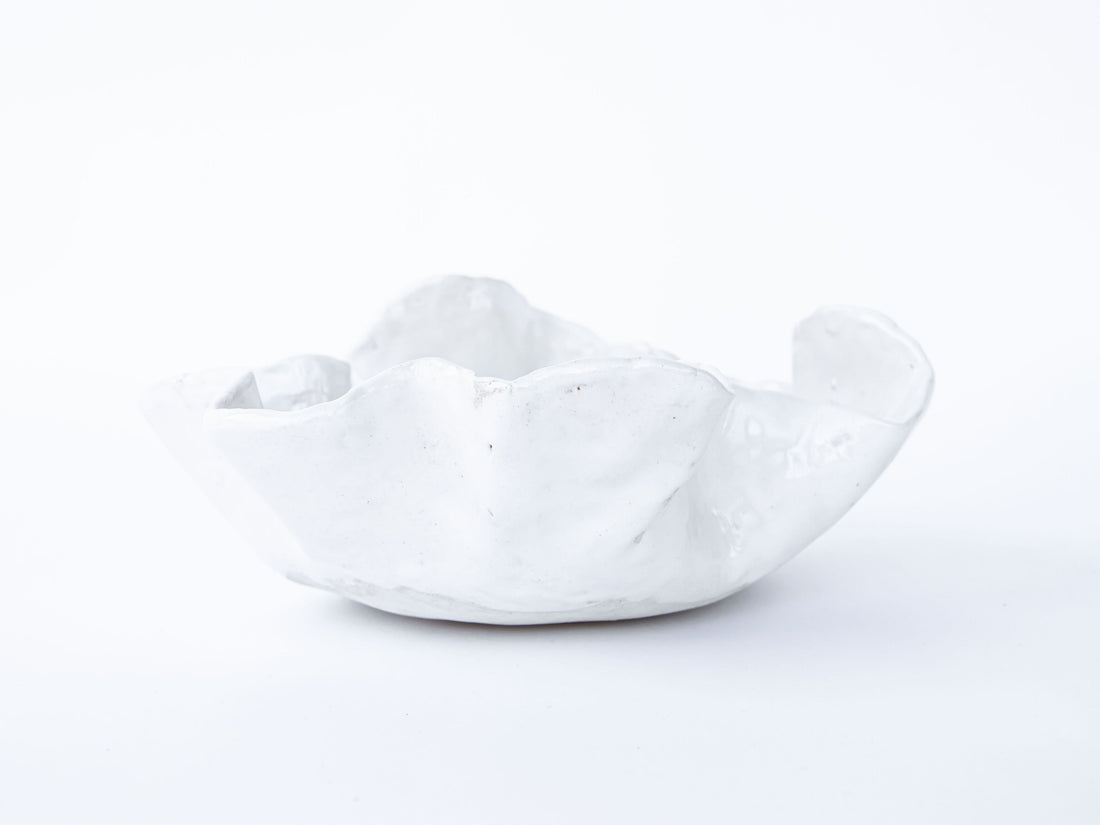 NEW - Scalloped White Ceramic Bowl with Blue Swirl Detailing