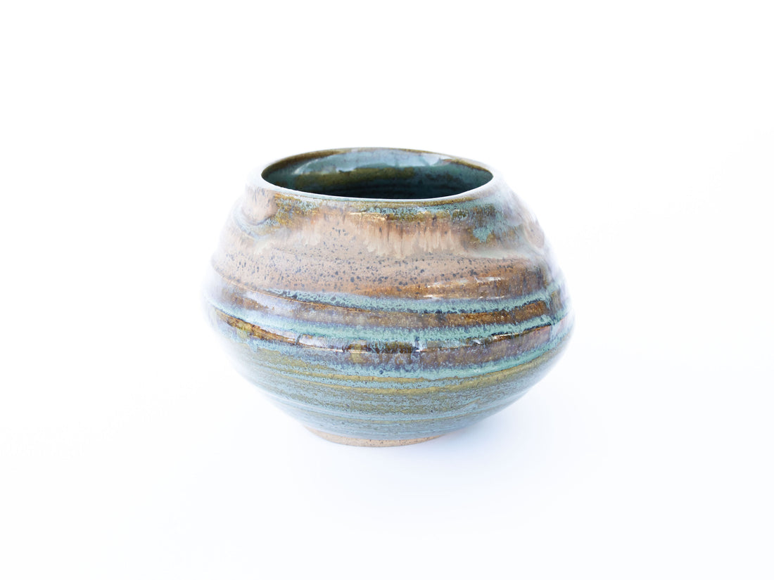 NEW - Organic Spun Lopsided Bowl with Teal and Purple Glaze Signed HVP Burns