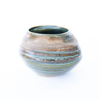 Organic Spun Lopsided Bowl with Teal and Purple Glaze Signed HVP Burns