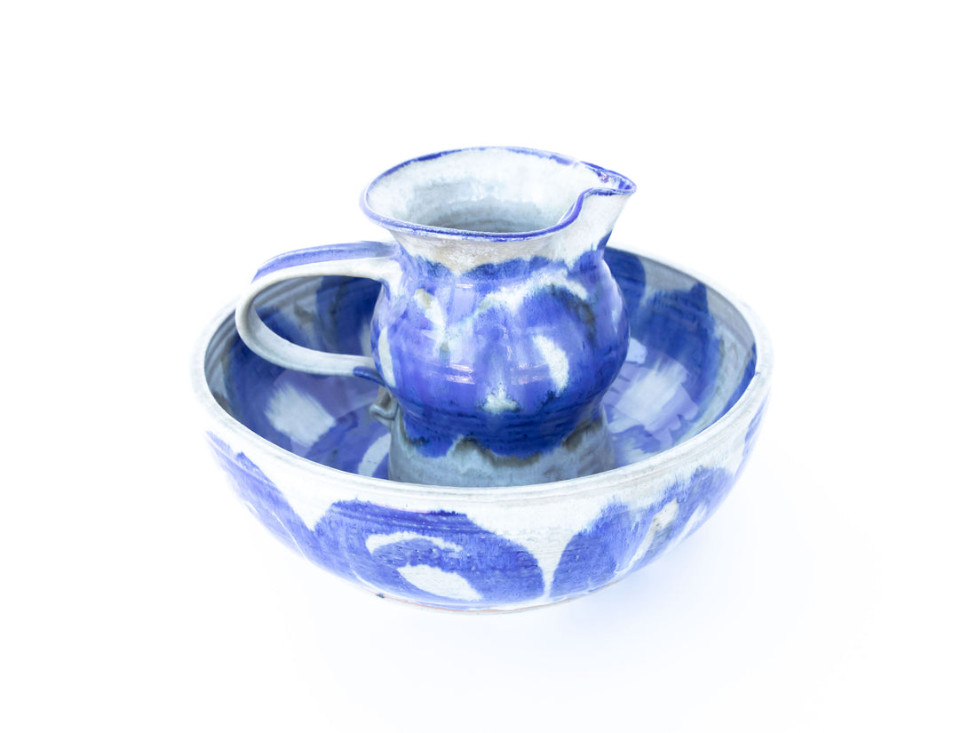 Ceramic Serving  Bowl with Blue Swirl Design -  Signed Holmes