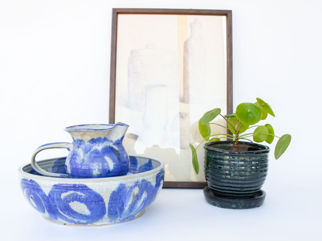 Ceramic Serving  Bowl with Blue Swirl Design -  Signed Holmes