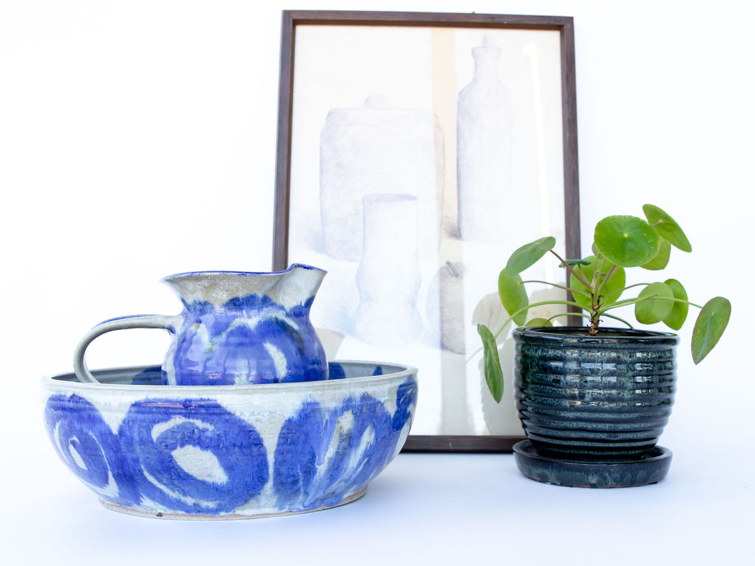 Ceramic Serving  Bowl with Blue Swirl Design -  Signed Holmes