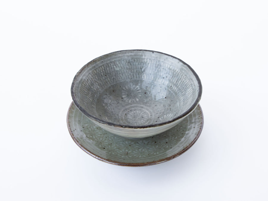 Grey with White Design Ceramic Bowl and Plate