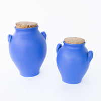 Two Bright Blue Ceramic Canisters with Handles and Cork Tops