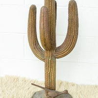 Large Brass Saguaro Cactus Sculpture with Road Runner