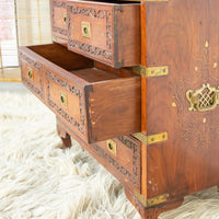 Four Drawer Wood Cabinet Side Table with Brass Inlay