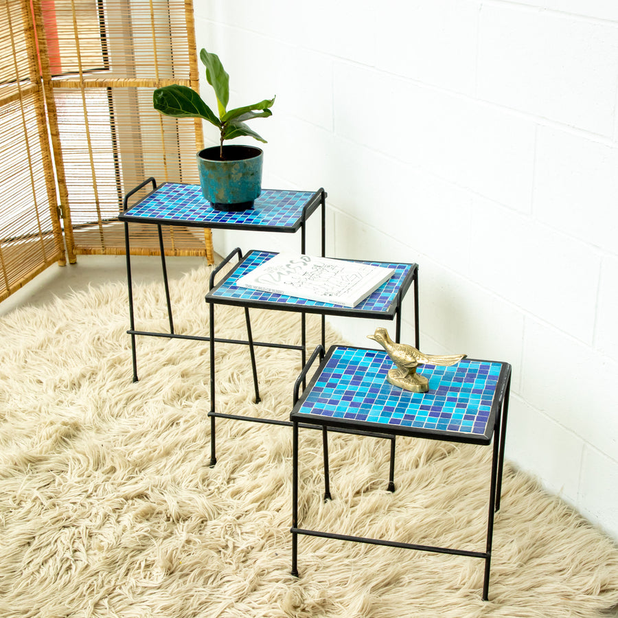Cast Iron Rod and Tile Patio Nesting Side Tables