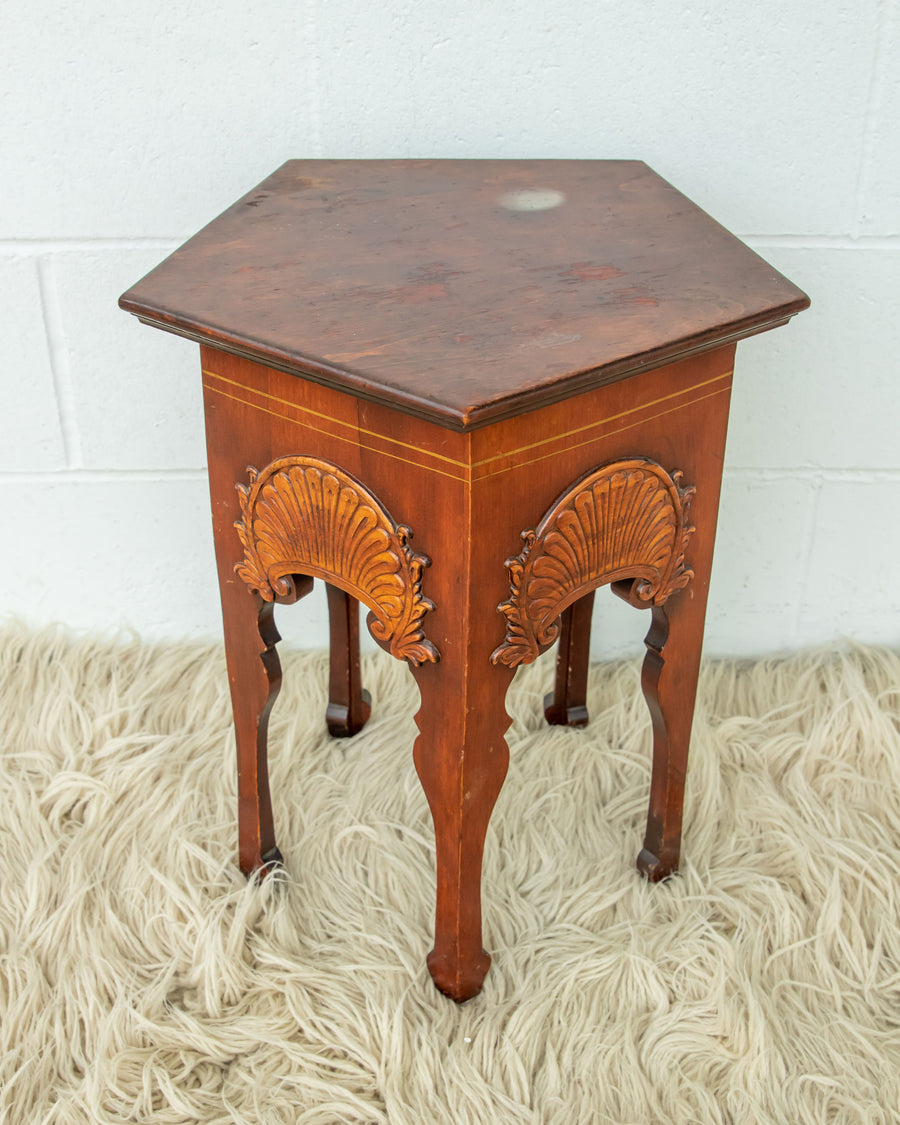 Wood Hexagon Table with Carved Shell Design Detailing
