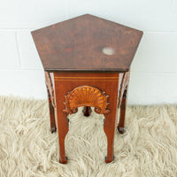 Wood Hexagon Table with Carved Shell Design Detailing