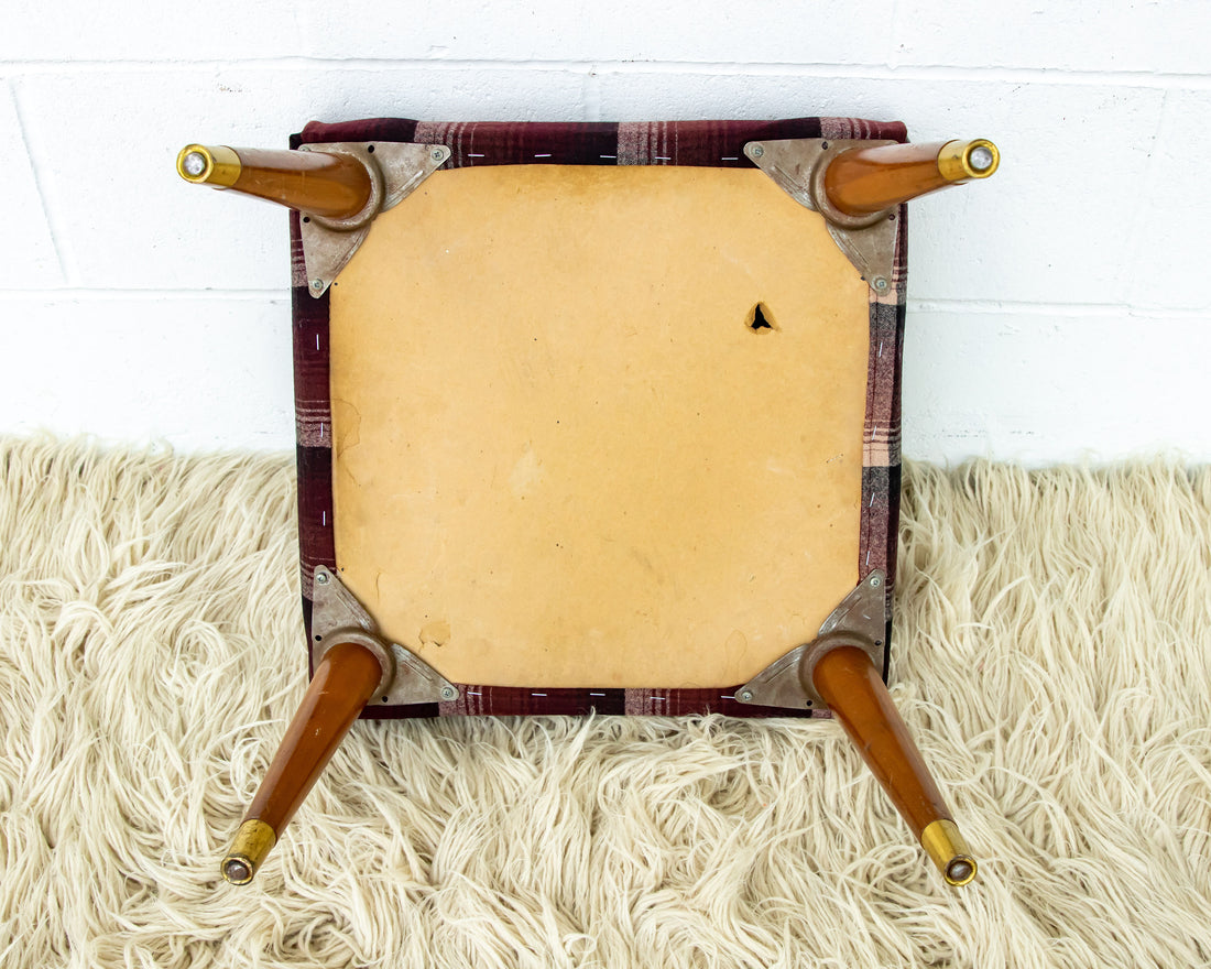 Midcentury Upholstered Stool Bench in Plaid