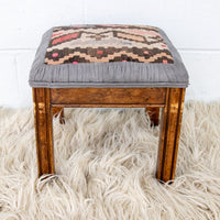 Kilim Top with Baby Blue ruffeled suede framing wood stool