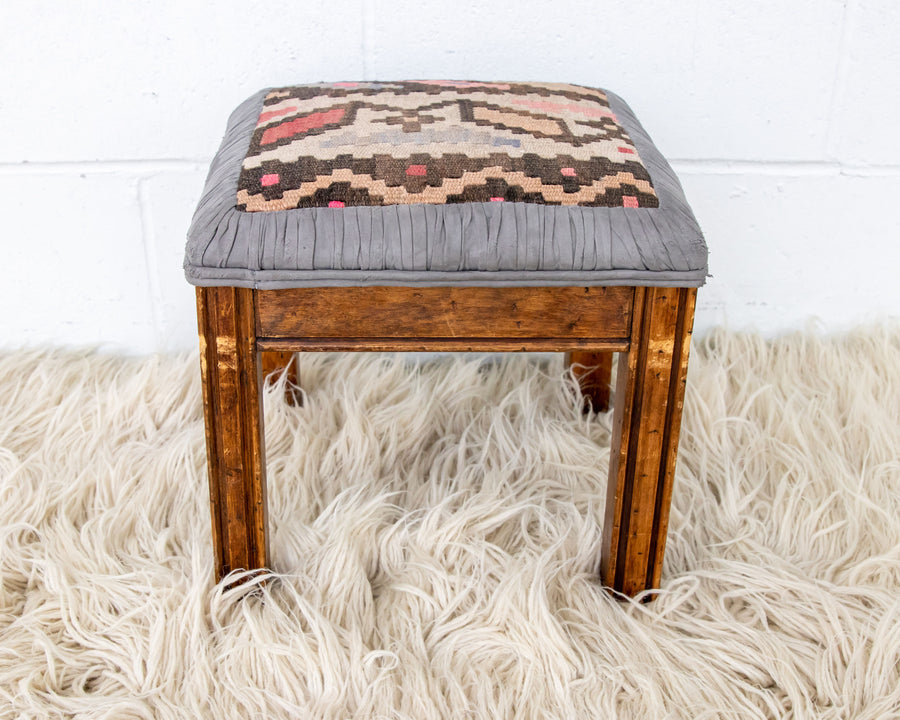 Kilim Top with Baby Blue ruffeled suede framing wood stool