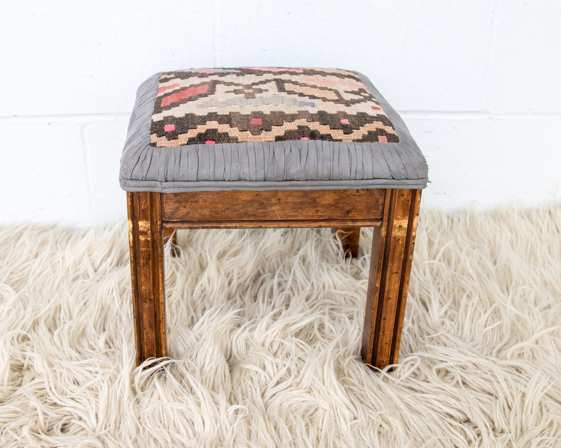 Kilim Top with Baby Blue ruffeled suede framing wood stool