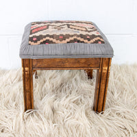 Kilim Top with Baby Blue ruffeled suede framing wood stool