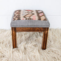 Kilim Top with Baby Blue ruffeled suede framing wood stool