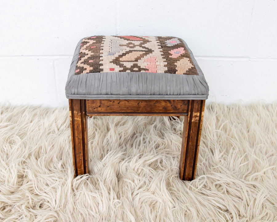 Kilim Top with Baby Blue ruffeled suede framing wood stool