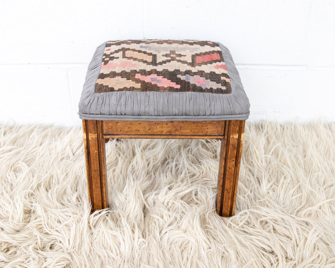 Kilim Top with Baby Blue ruffeled suede framing wood stool