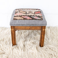 Kilim Top with Baby Blue ruffeled suede framing wood stool