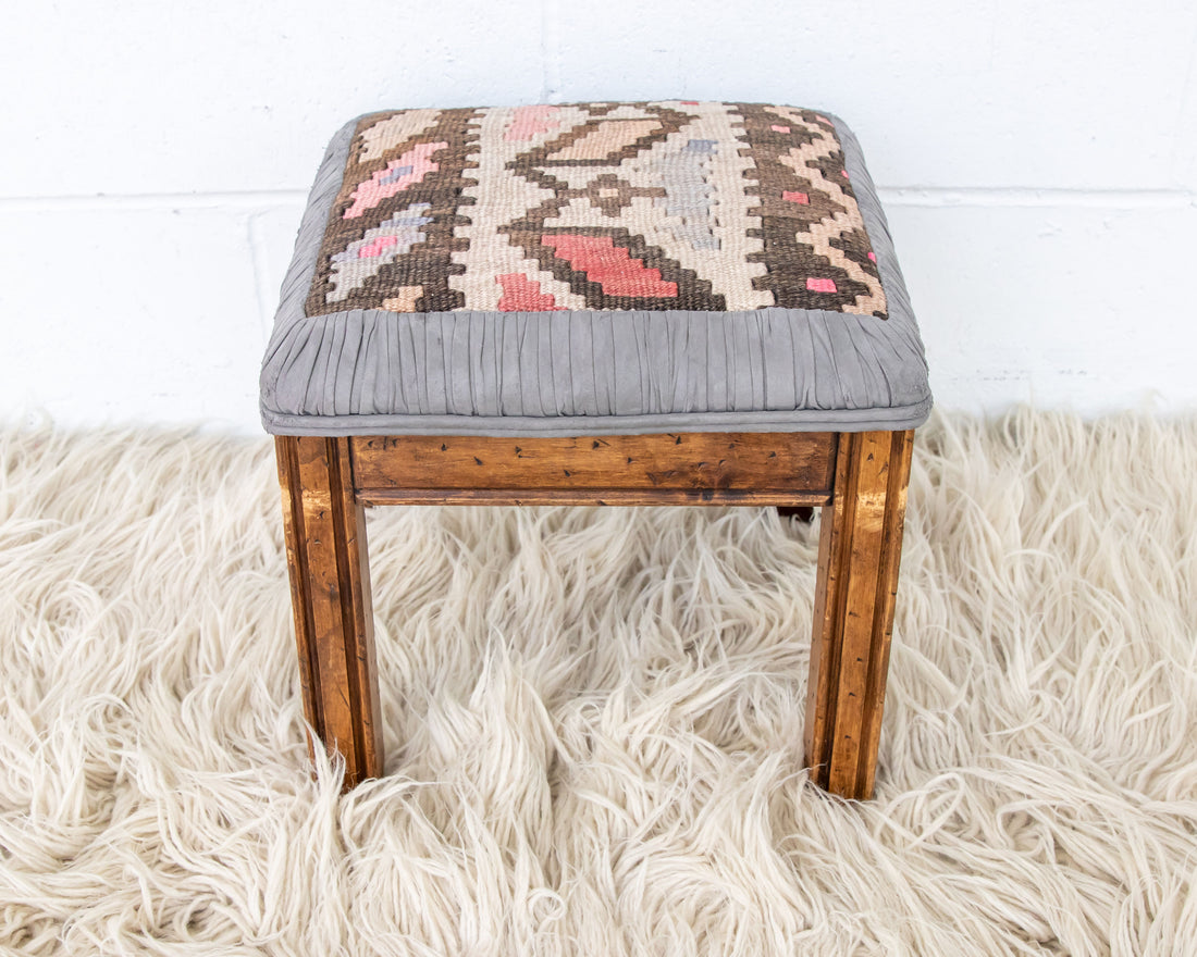 Kilim Top with Baby Blue ruffeled suede framing wood stool