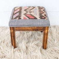 Kilim Top with Baby Blue ruffeled suede framing wood stool