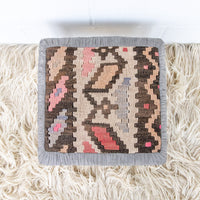 Kilim Top with Baby Blue ruffeled suede framing wood stool