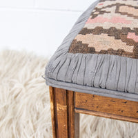 Kilim Top with Baby Blue ruffeled suede framing wood stool