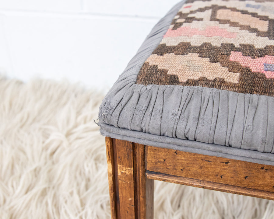 Kilim Top with Baby Blue ruffeled suede framing wood stool