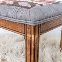 Kilim Top with Baby Blue ruffeled suede framing wood stool