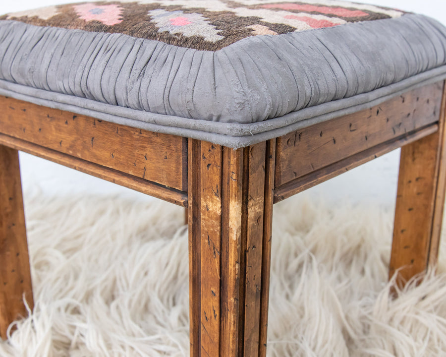 Kilim Top with Baby Blue ruffeled suede framing wood stool