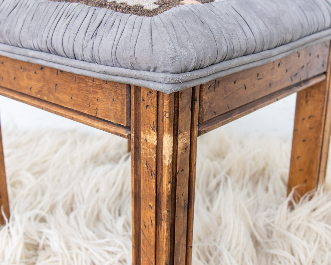 Kilim Top with Baby Blue ruffeled suede framing wood stool