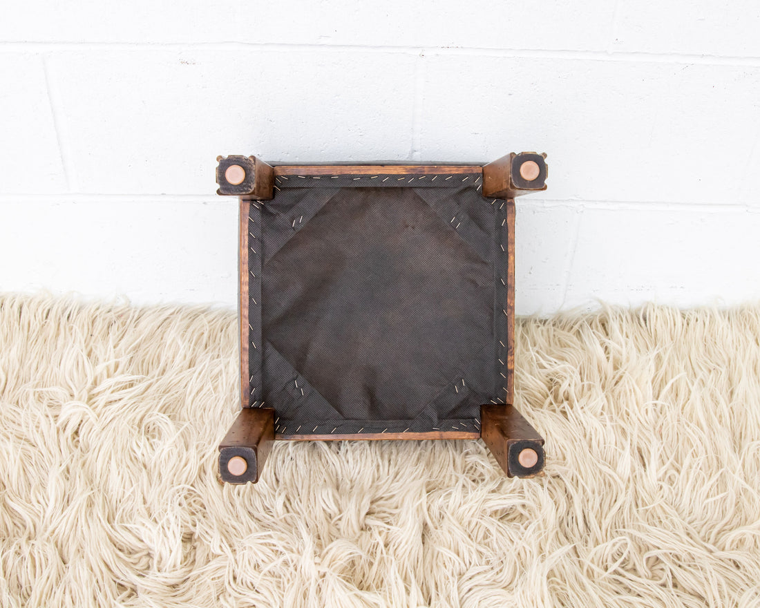 Kilim Top with Baby Blue ruffeled suede framing wood stool