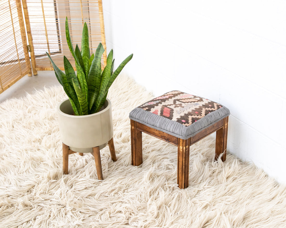 Kilim Top with Baby Blue ruffeled suede framing wood stool