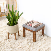 Kilim Top with Baby Blue ruffeled suede framing wood stool