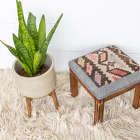 Kilim Top with Baby Blue ruffeled suede framing wood stool