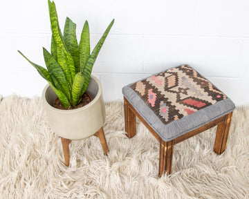 Kilim Top with Baby Blue ruffeled suede framing wood stool