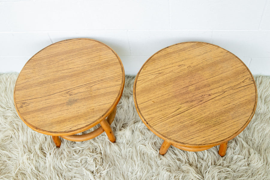 Bamboo and Wood Round Low Midcentury Side Tables (set of 2)