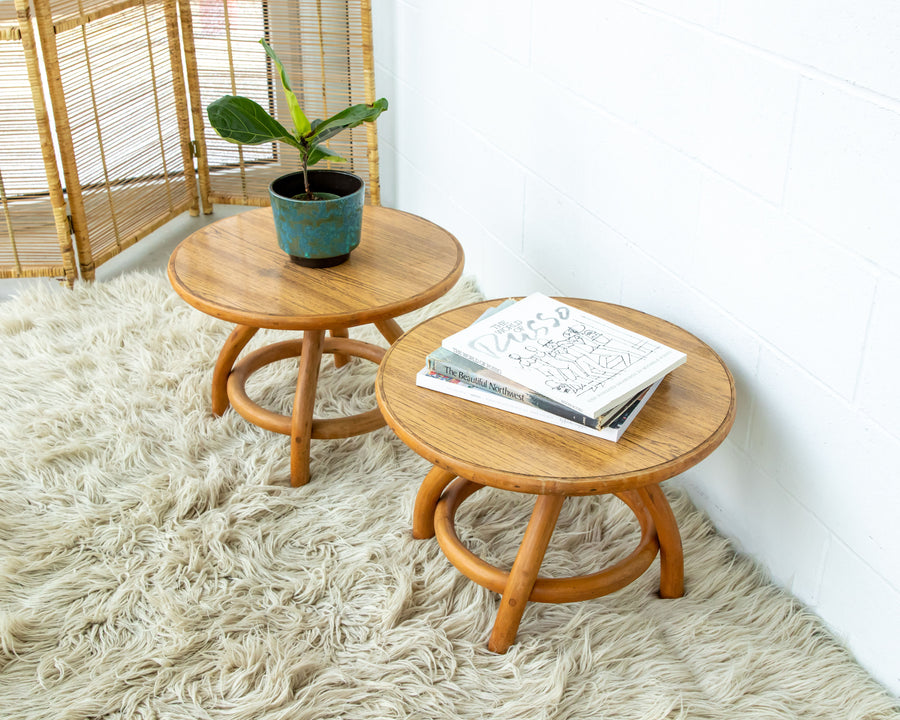 Bamboo and Wood Round Low Midcentury Side Tables (set of 2)