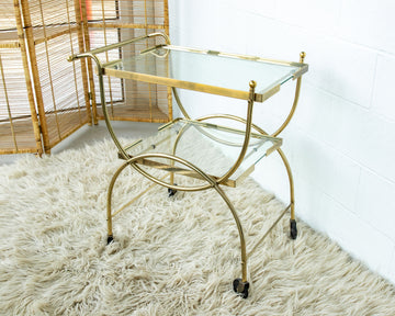 Midcentury Brass Bar Cart with Glass top - on Wheels