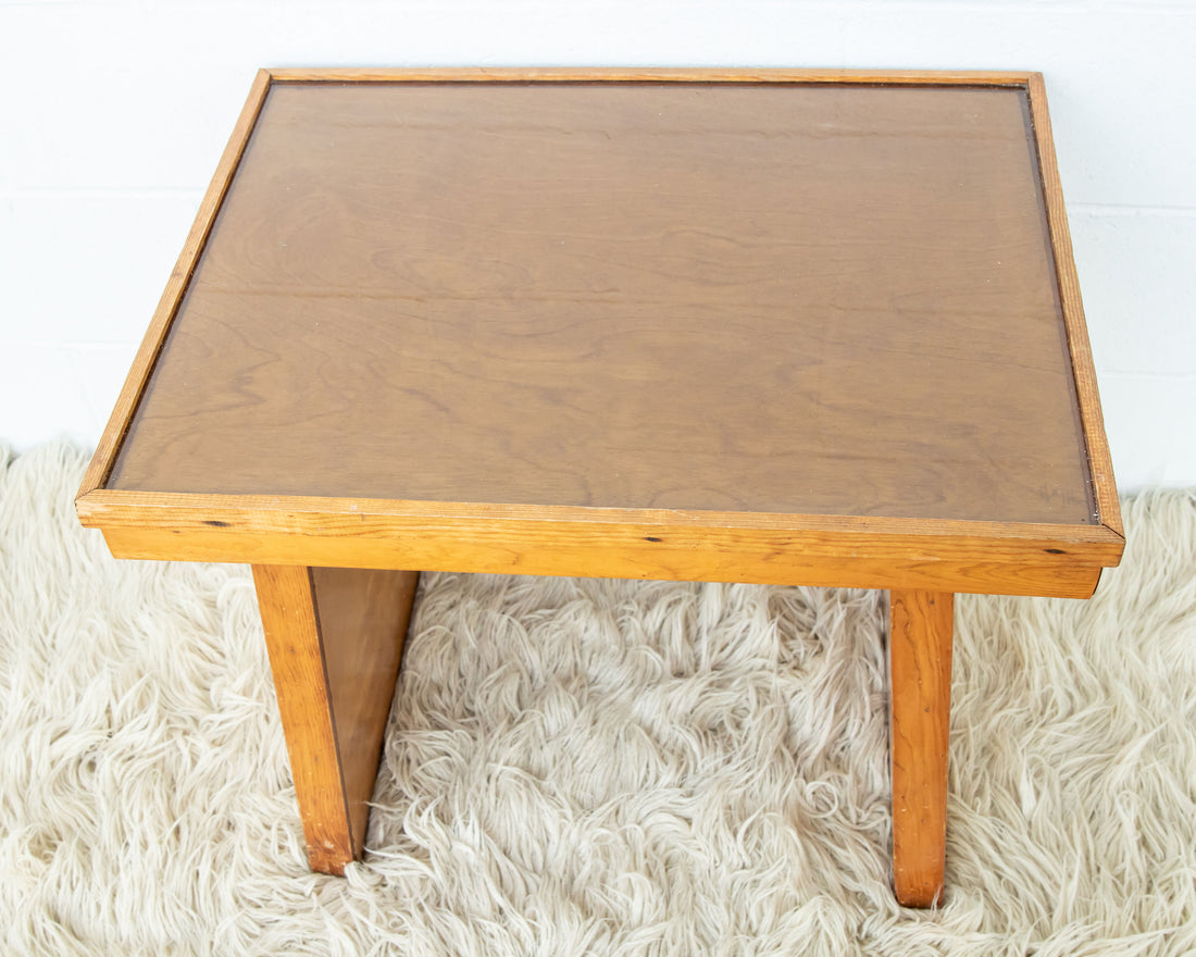 Solid Oak 70's Small Side or Coffee Table with Glass Top - Lynden Washington Warnock Hersey