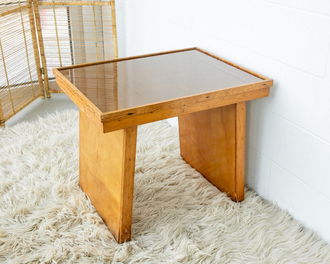 Solid Oak 70's Small Side or Coffee Table with Glass Top - Lynden Washington Warnock Hersey