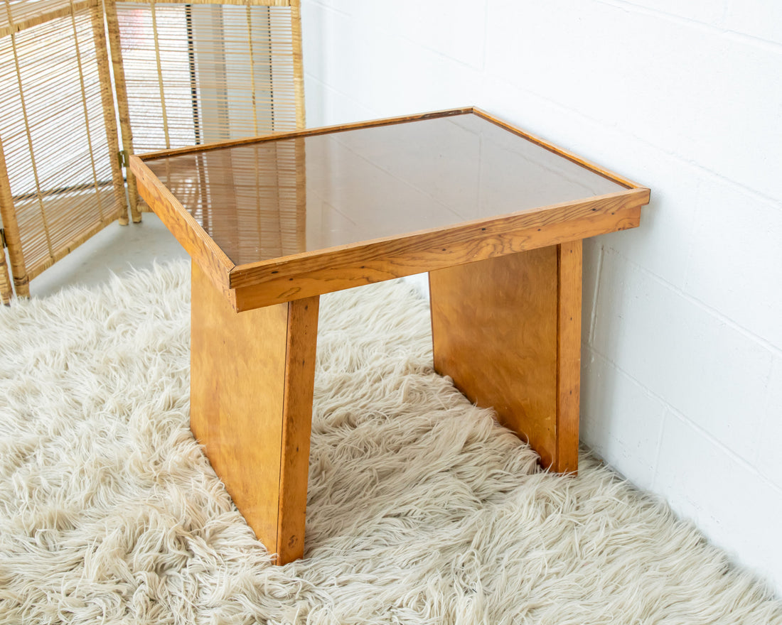 Solid Oak 70's Small Side or Coffee Table with Glass Top - Lynden Washington Warnock Hersey