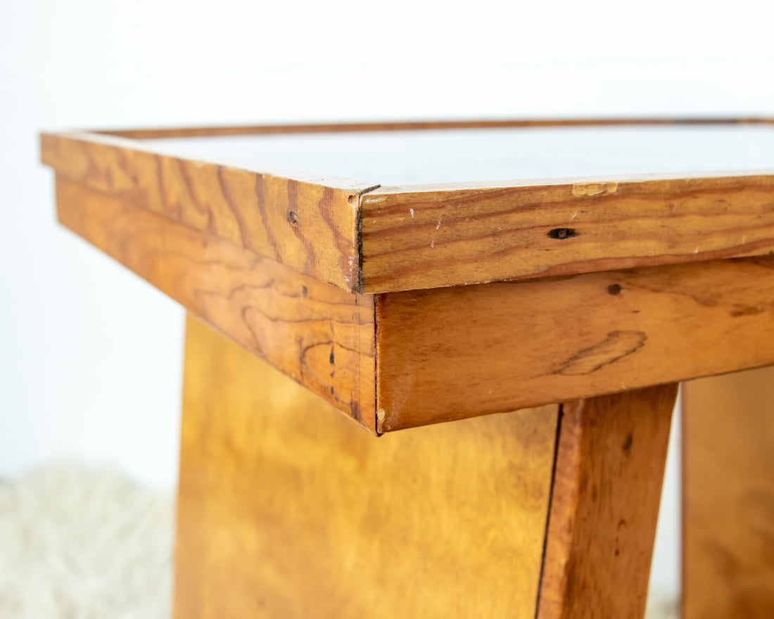 Solid Oak 70's Small Side or Coffee Table with Glass Top - Lynden Washington Warnock Hersey