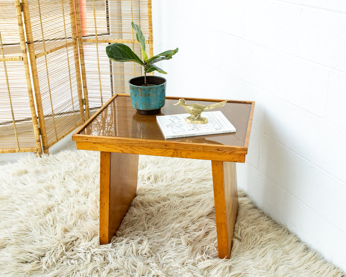 Solid Oak 70's Small Side or Coffee Table with Glass Top - Lynden Washington Warnock Hersey