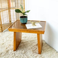 Solid Oak 70's Small Side or Coffee Table with Glass Top - Lynden Washington Warnock Hersey