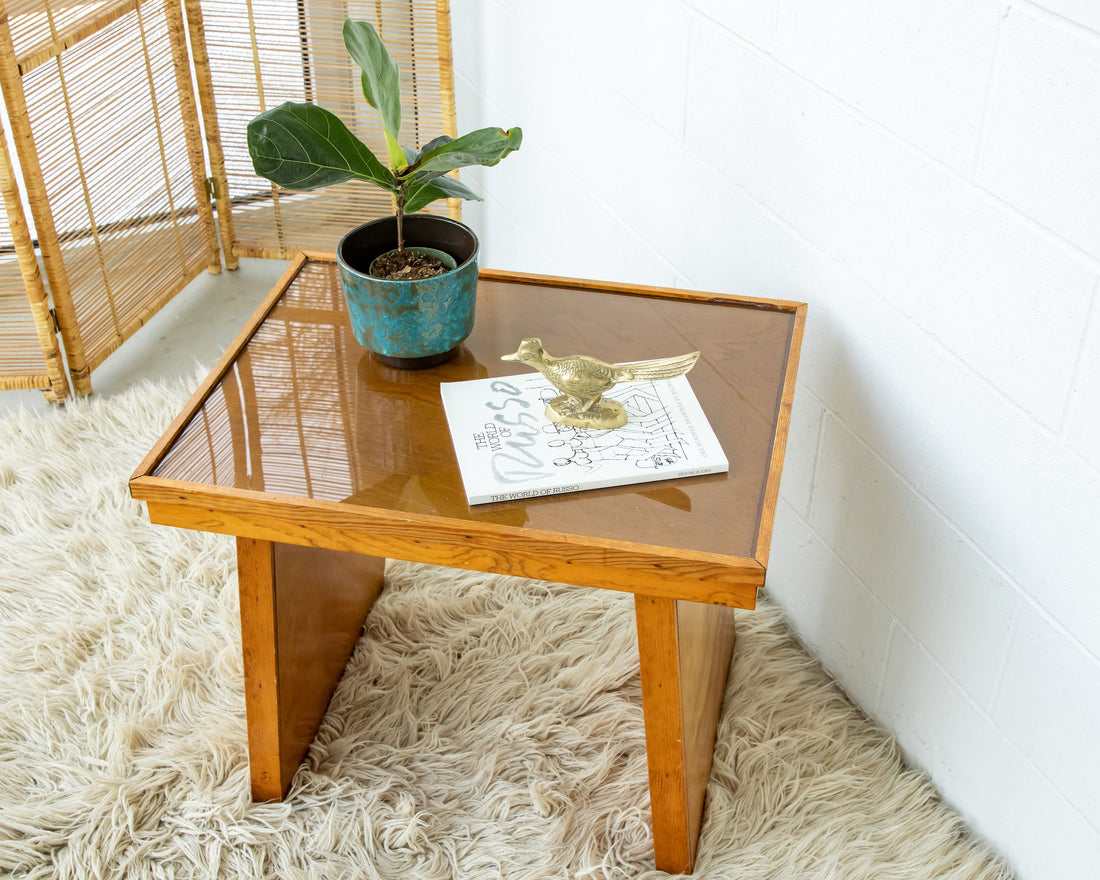 Solid Oak 70's Small Side or Coffee Table with Glass Top - Lynden Washington Warnock Hersey